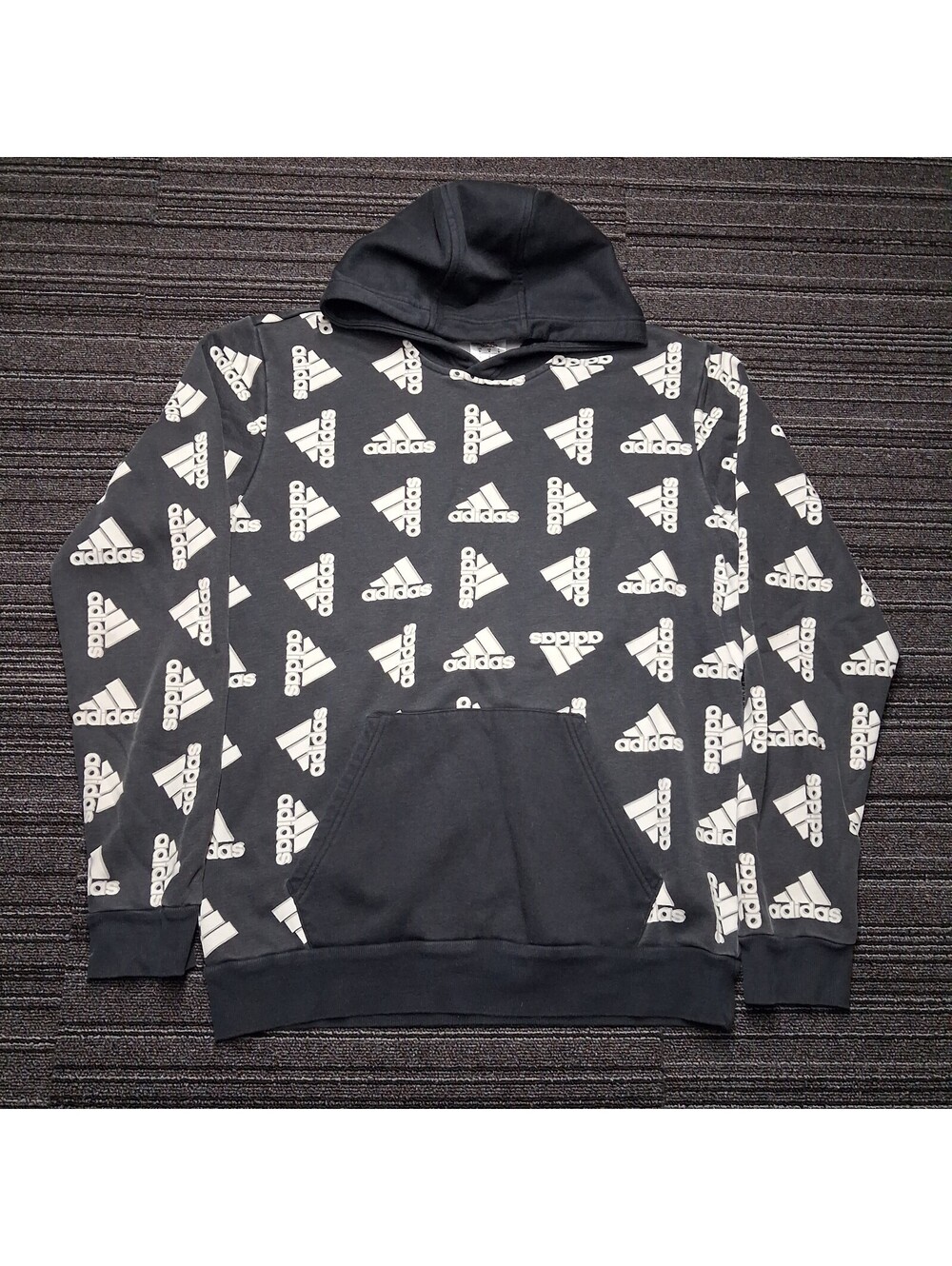 Adidas All Over Logo Print Hoodie Mens Medium Black White Pullover Sweatshirt